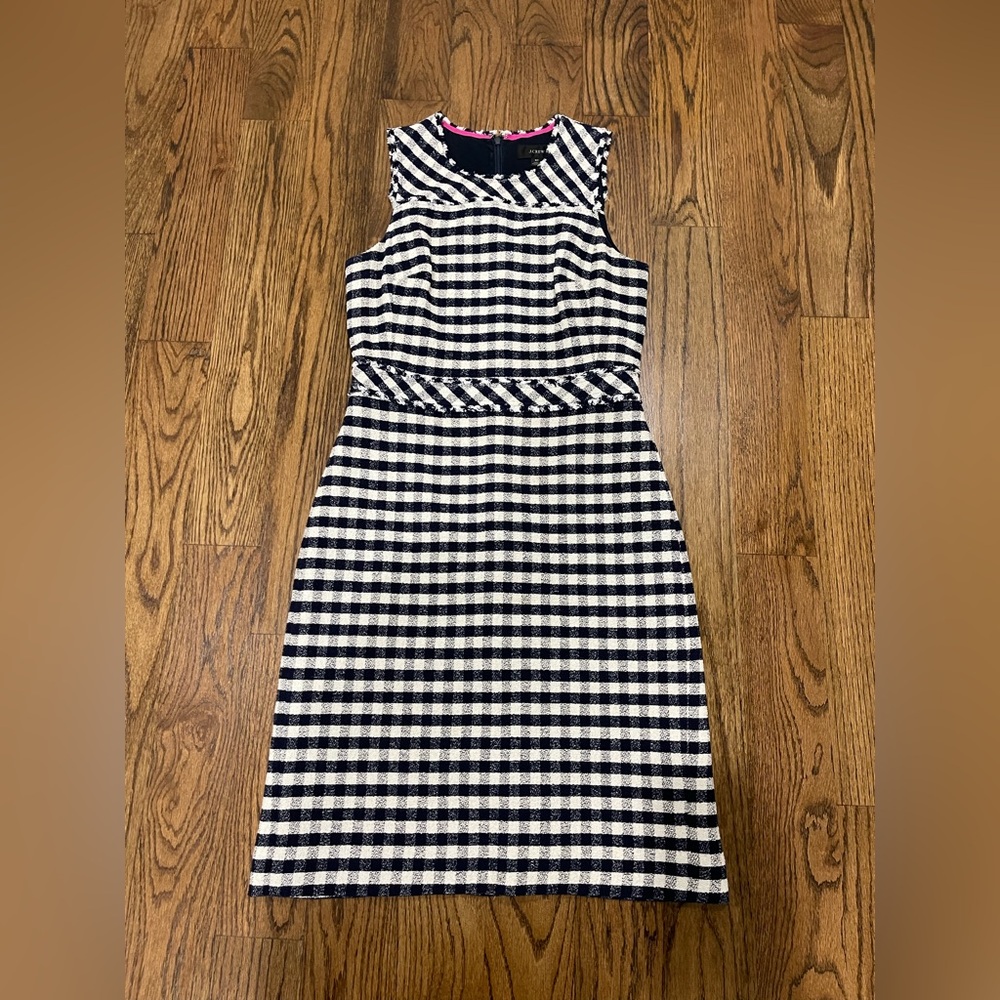 J. Crew Navy and White Gingham Tweed Dress in 8 Tall